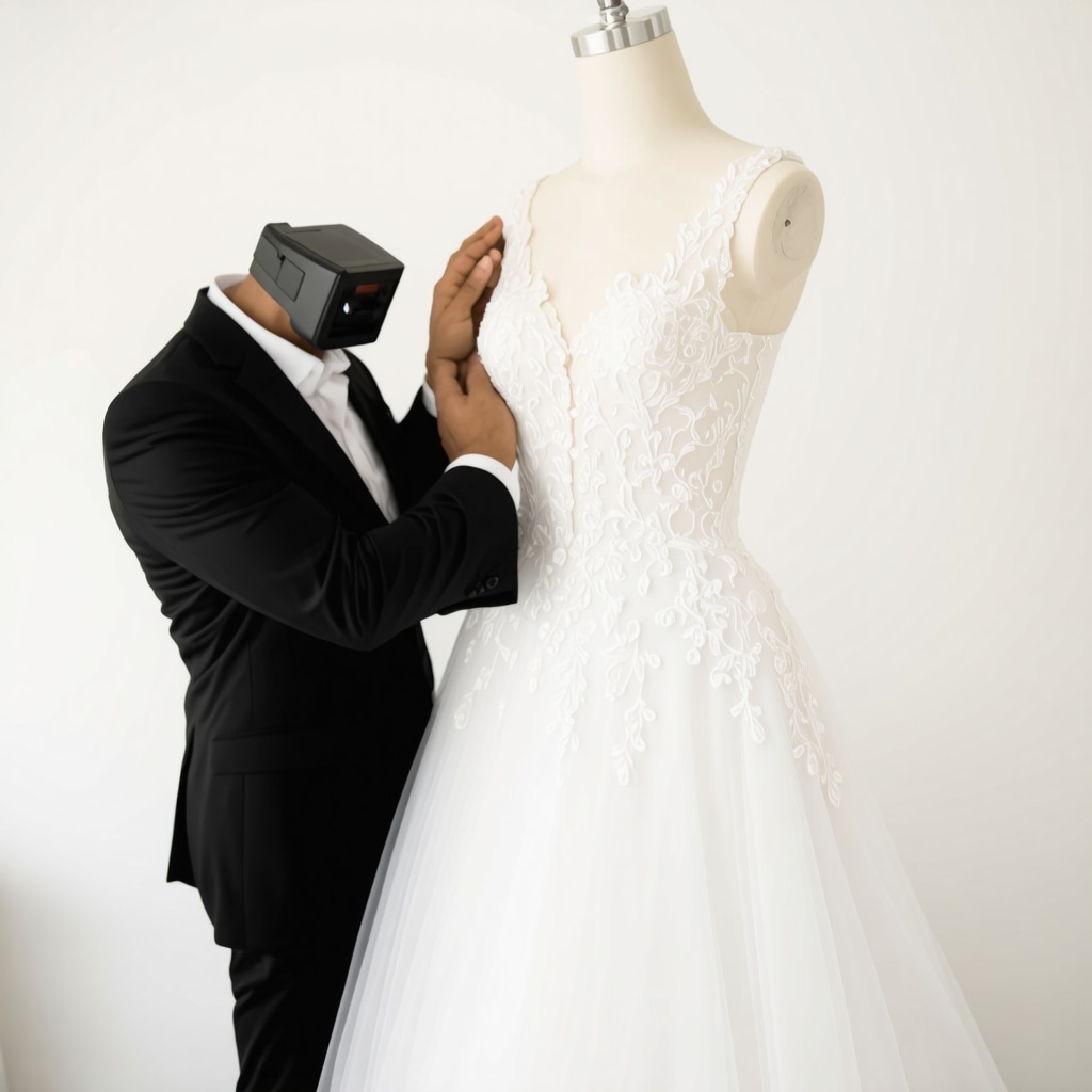 Tailor performing 3D scanning on a bride wearing an intricate lace wedding dress in Tampa