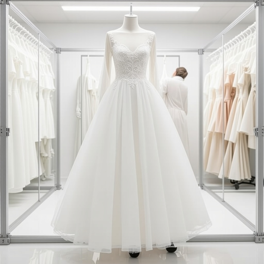 Textile conservators applying nanotechnology and climate-controlled storage to a luxury bridal gown