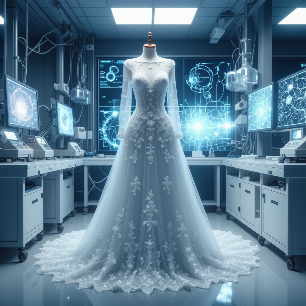 Wedding dress being examined with nanotechnology and AI tools in a textile conservation lab