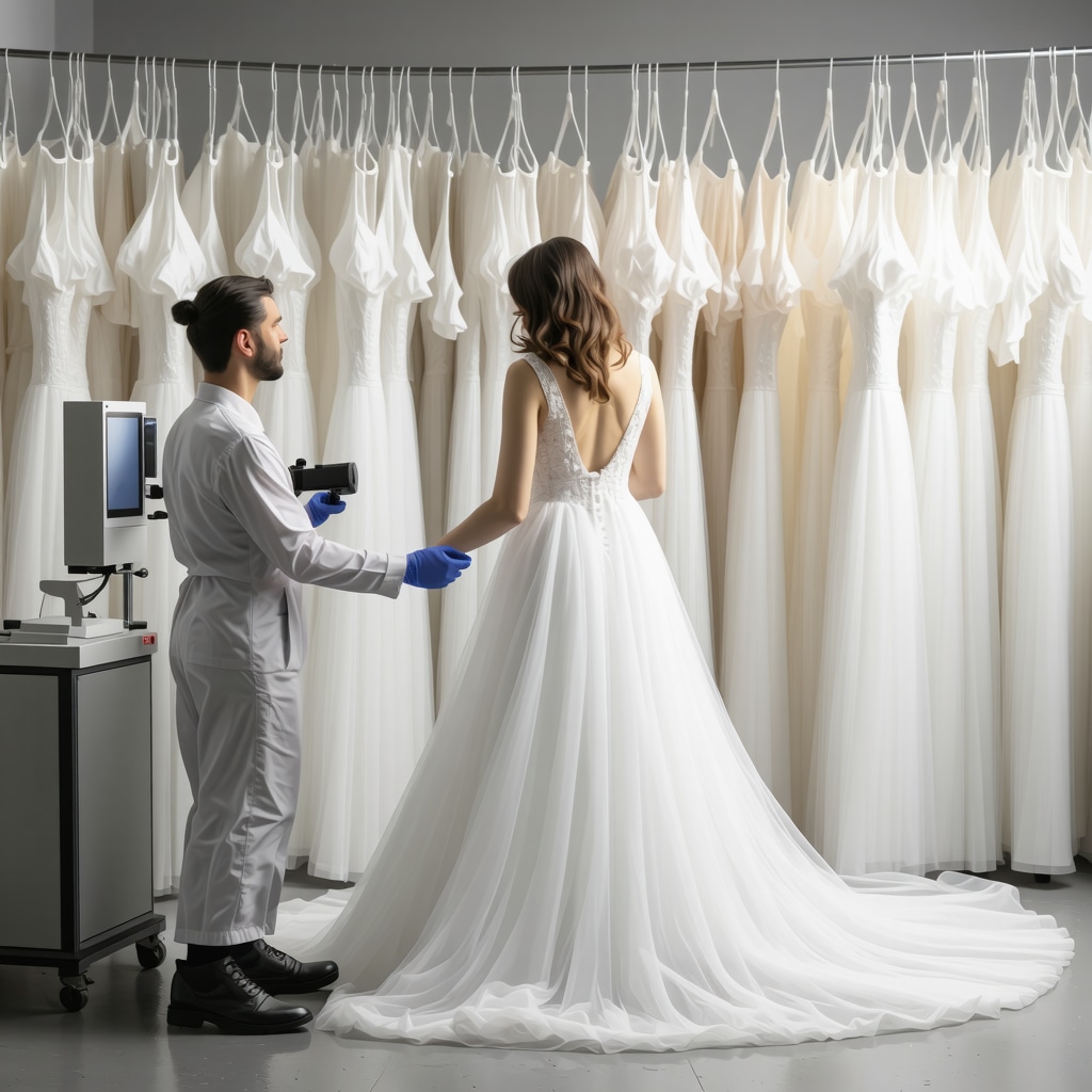 Specialists using FTIR and hyperspectral imaging to analyze stained wedding dresses in a Tampa laboratory