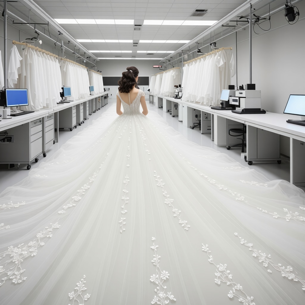 High-tech lab analyzing delicate silk wedding gown with beadwork using spectroscopic and nanotech tools