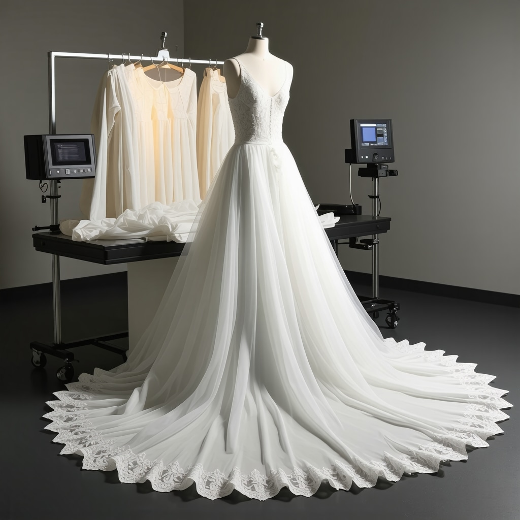 Textile conservation specialist analyzing delicate silk wedding dress with advanced imaging equipment