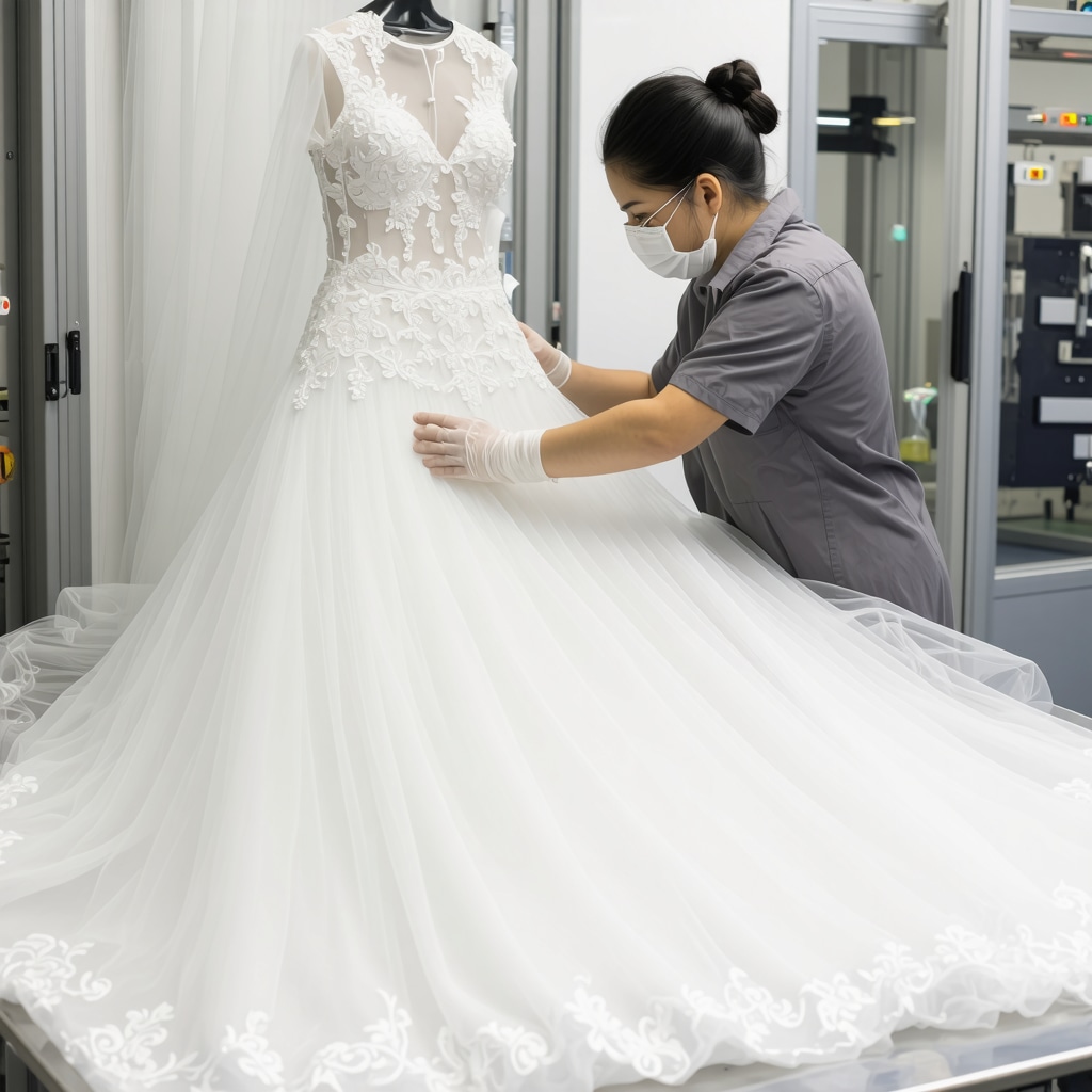 Textile conservator performing ultrasonic cleaning on a silk wedding dress in climate-controlled environment