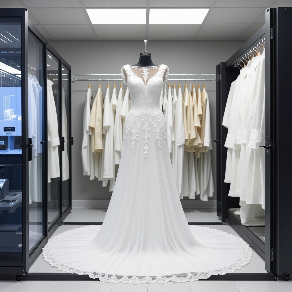 High-tech textile lab with wedding dress, digital fabric mapping, and preservation boxes