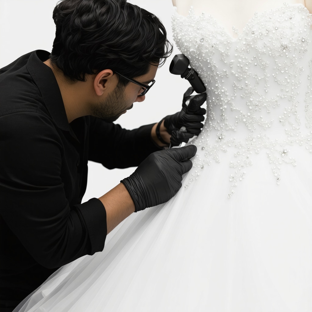 Professional conservator meticulously cleaning embellished wedding dress using ultrasonic technology and precision tools in eco-friendly New Tampa dry cleaning facility