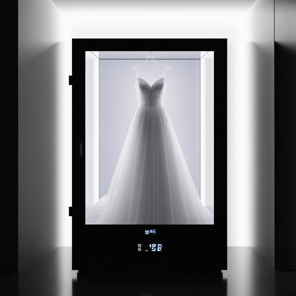 High-tech wedding dress preservation box featuring digital humidity and temperature sensors in a controlled setting