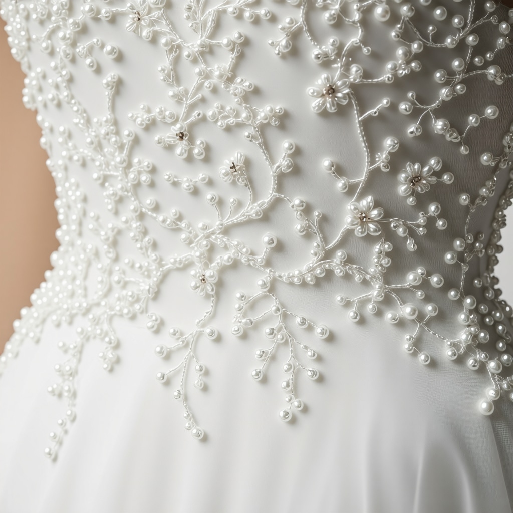Detailed view of intricate wedding dress fabric and beadwork being carefully preserved in Tampa