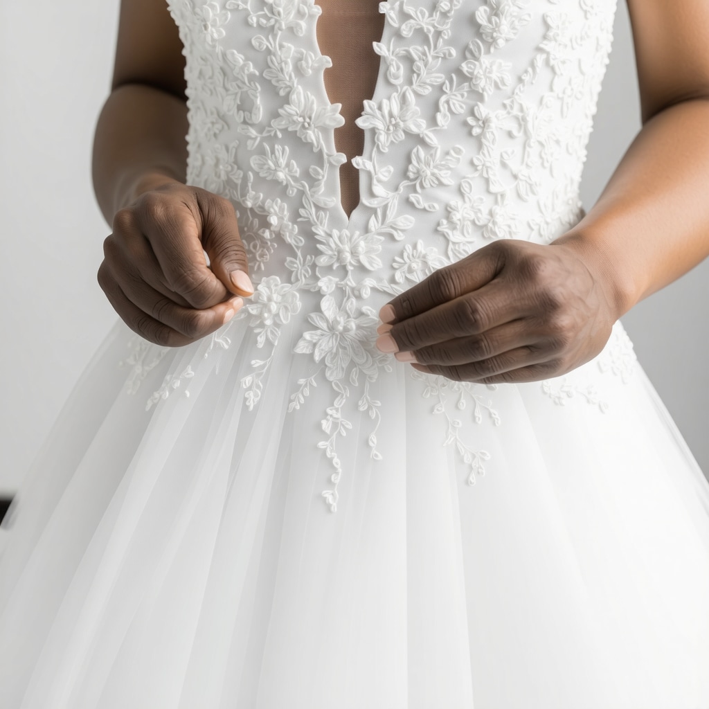 Close-up of wedding dress fabric under treatment with specialized cleaning solutions in a Tampa laboratory