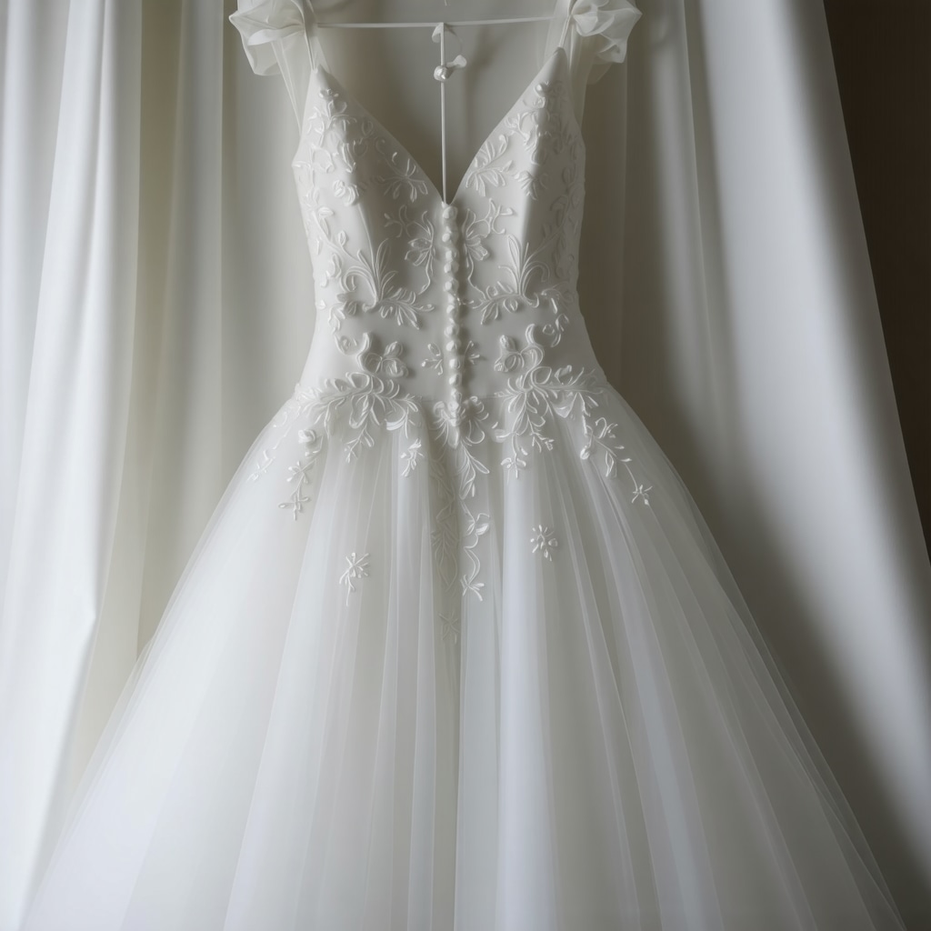Wedding gown stored in acid-free box with phase-change materials and humidity sensors for preservation in Tampa