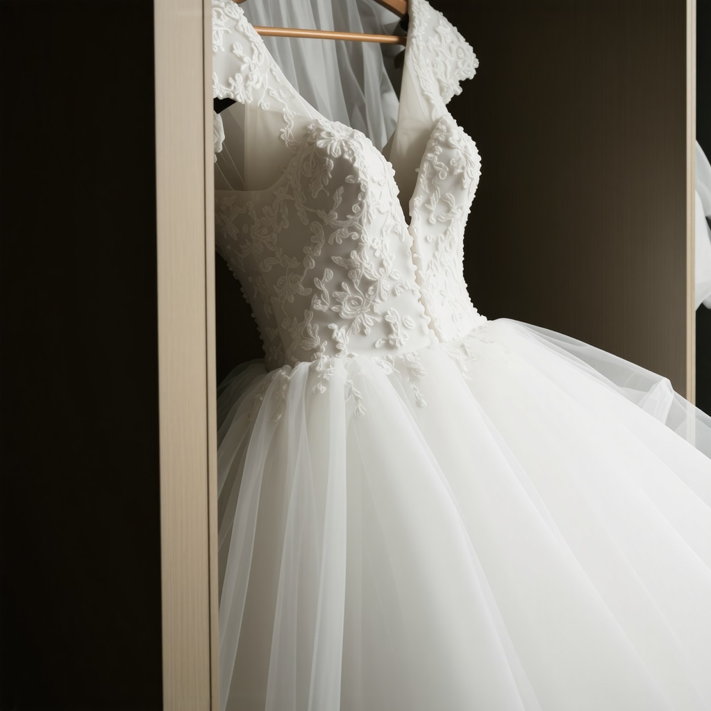 Wedding gown in archival storage box with moisture-absorbing packets and breathable garment bags