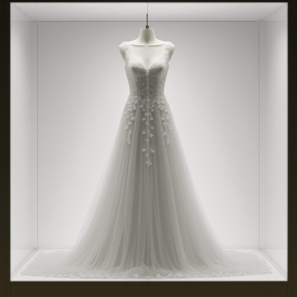 Wedding gown preserved in a climate-controlled box with environmental monitoring