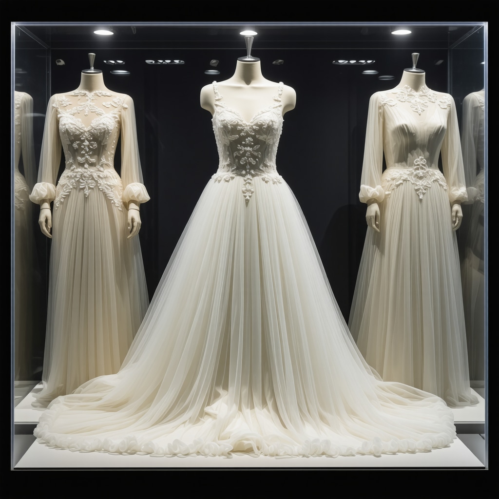A satin and tulle wedding dress preserved in a microclimate enclosure with fiber analysis graphics