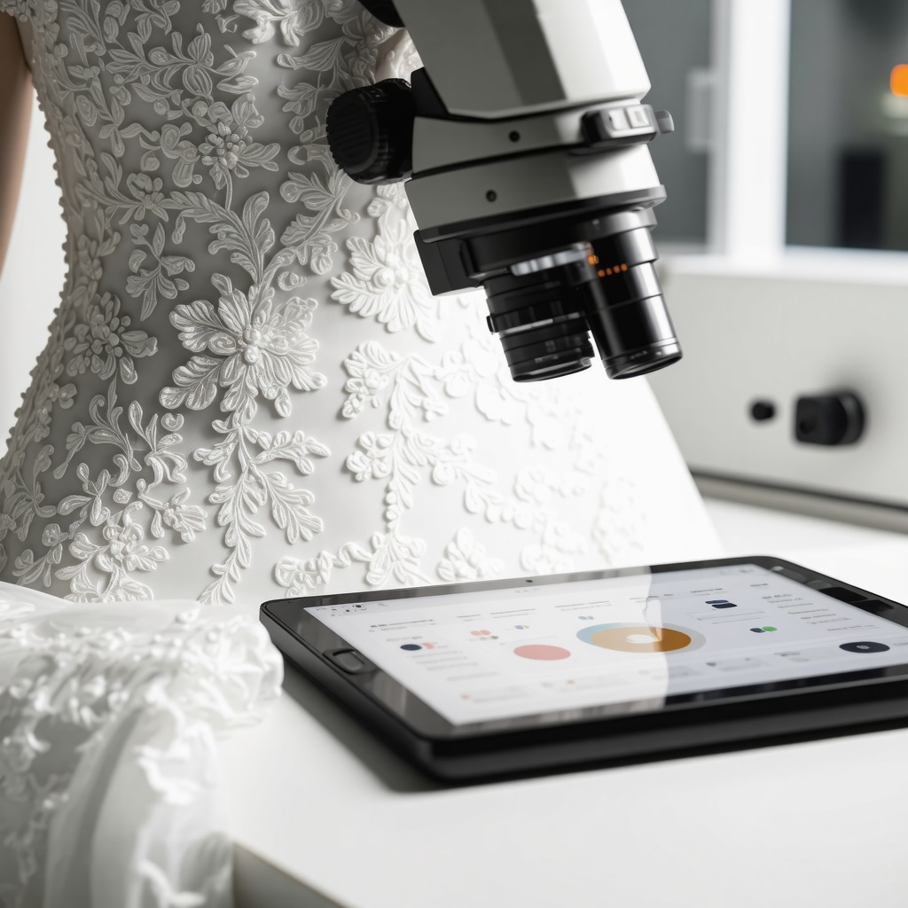 Microscopic view of wedding dress fabric and technician analyzing preservation data on tablet