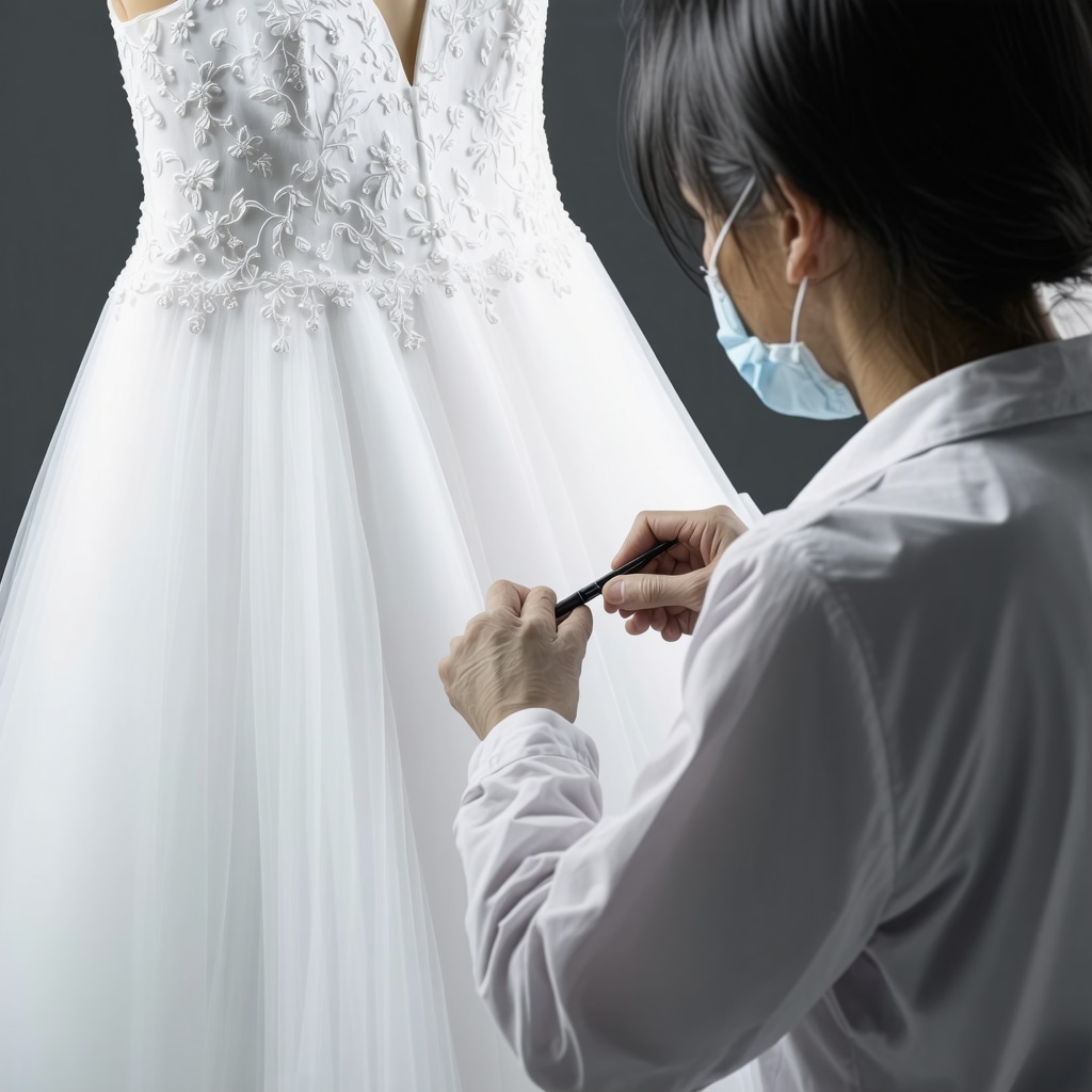 Technician analyzing wedding dress fabric using multispectral imaging with color-coded stain mapping
