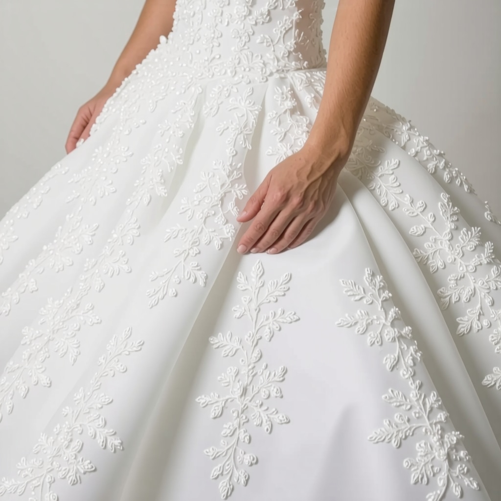Close-up of vintage bridal gown lace and beadwork being restored using eco-friendly laser cleaning technology