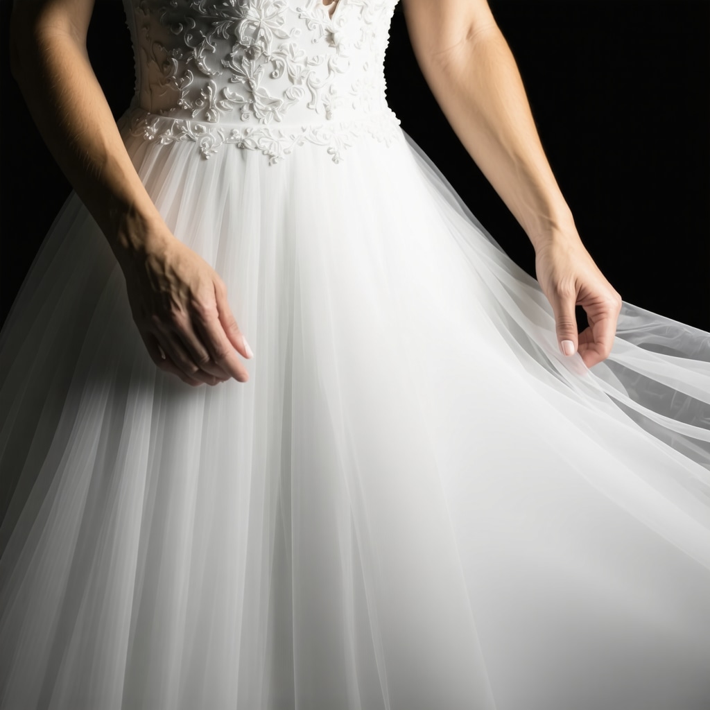 Close-up of wedding gown fabric undergoing eco-friendly nanotechnology and enzymatic cleaning in Tampa