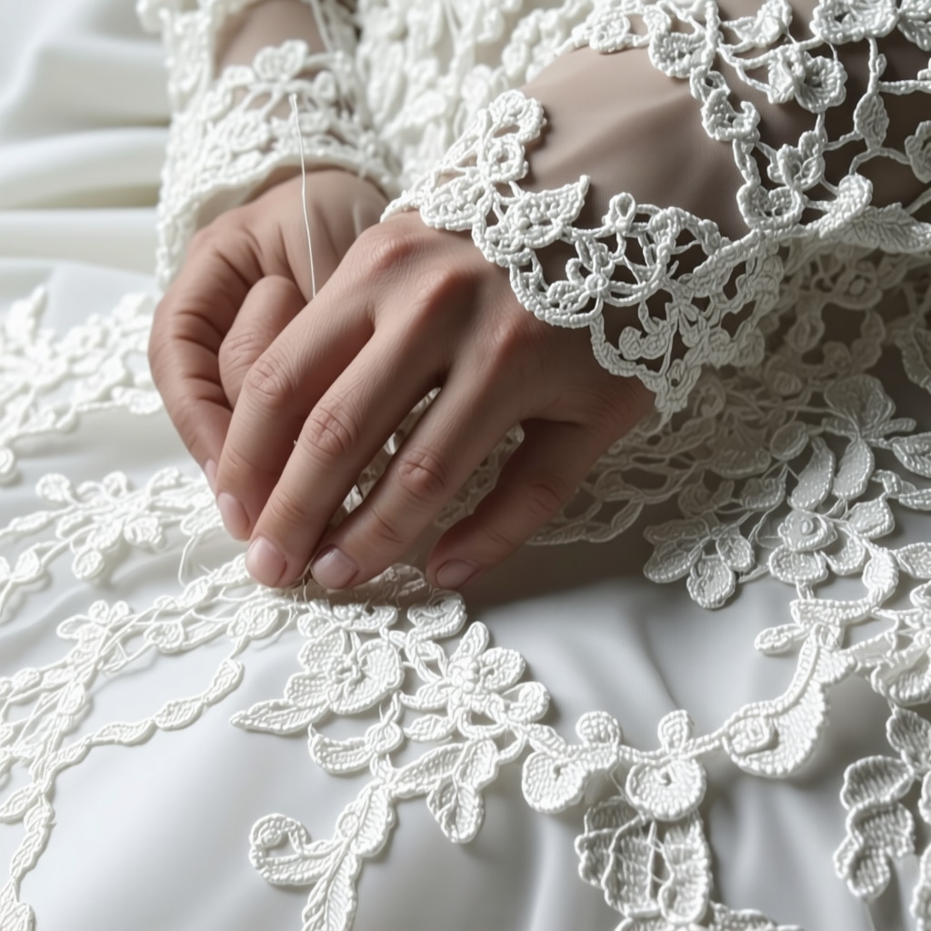Close-up of expert hand-stitching repair on delicate vintage bridal gown lace using fine silk threads