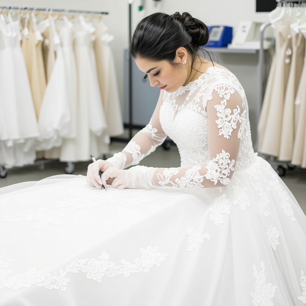 Technician carefully repairing and cleaning a lace wedding dress in a specialized Tampa studio