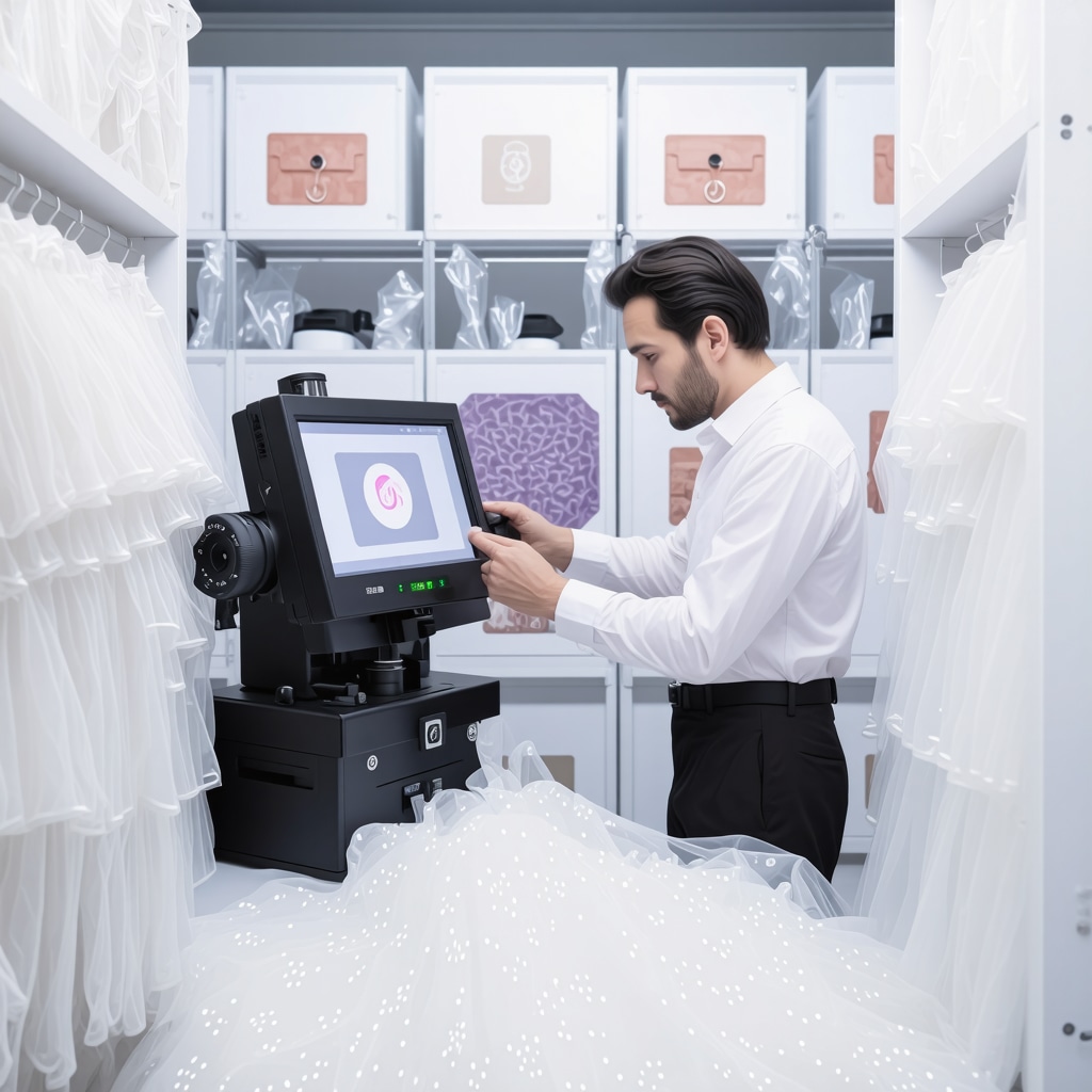 Technician performing hyperspectral imaging on delicate wedding gown fabric in a controlled environment