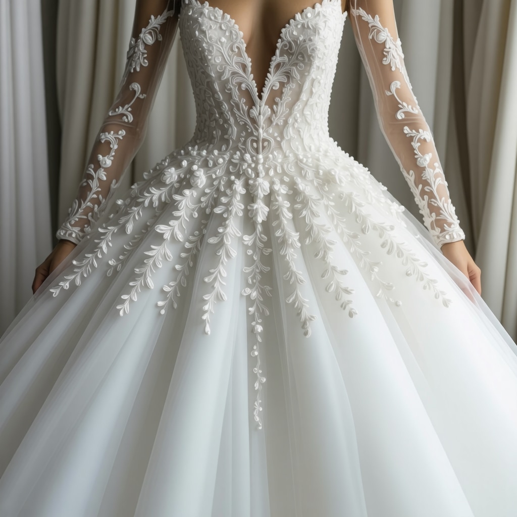 Close-up of luxury bridal gown beadwork inside a microclimate-controlled archival box with sensors
