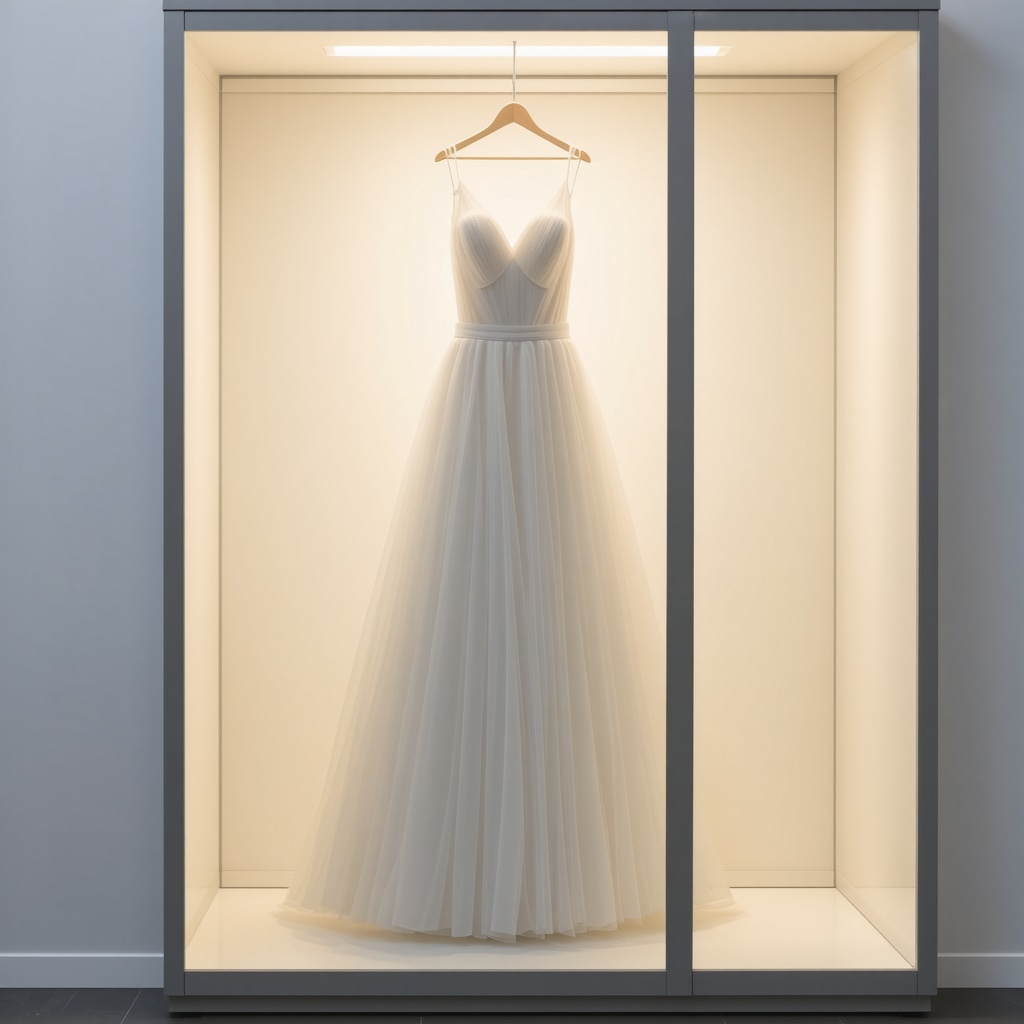 IoT sensors monitoring environmental conditions around a vintage wedding dress in archival storage