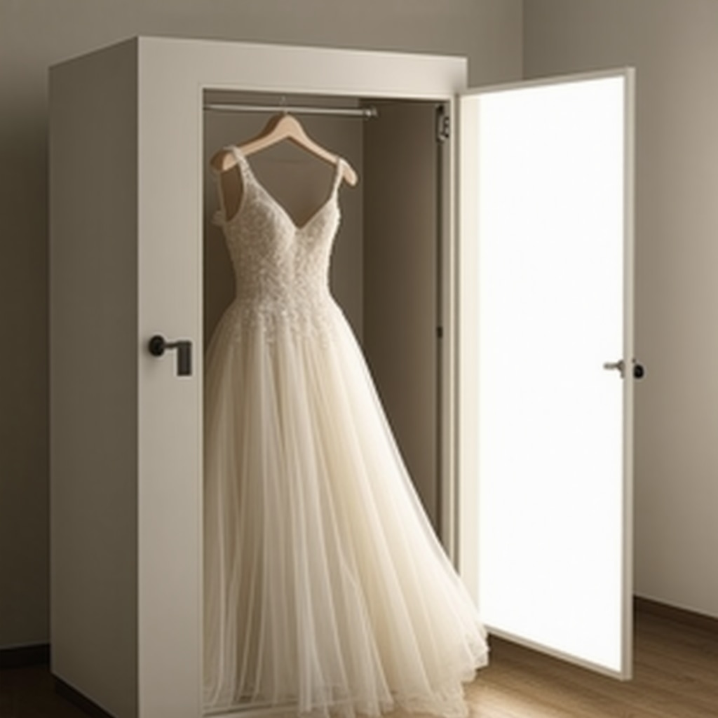 High-tech storage box with sensors and humidity control preserving luxury bridal gown