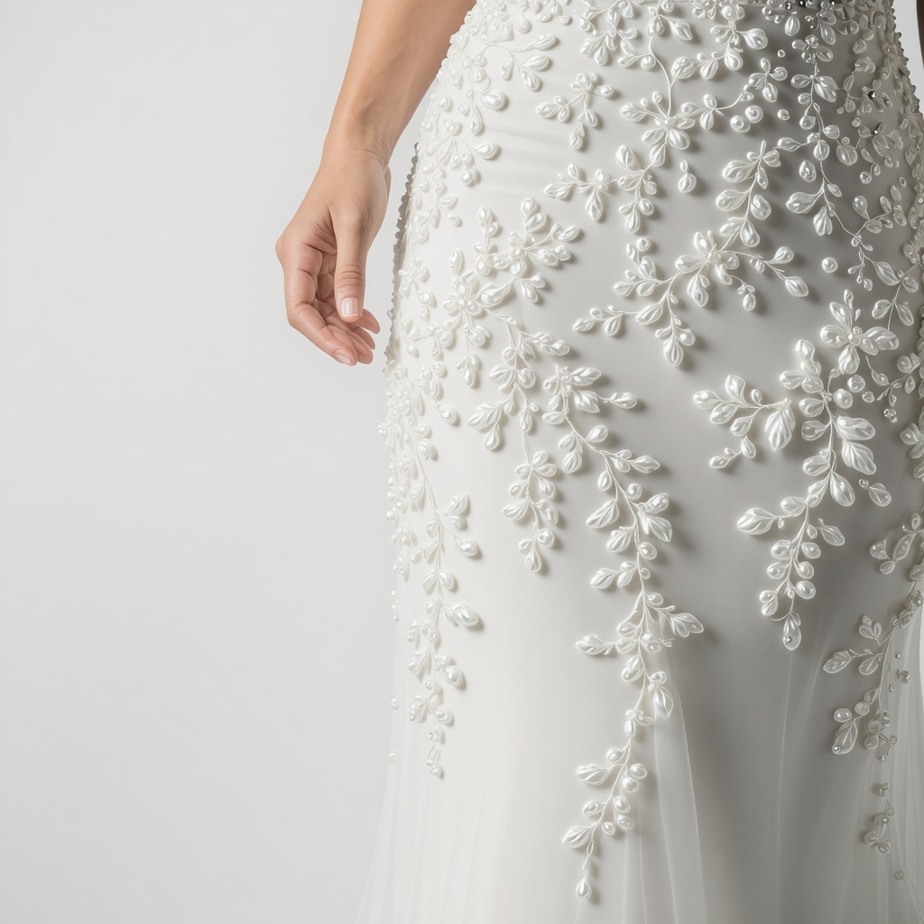 Microscopic view of bridal gown fibers with beadwork and advanced preservation materials displayed