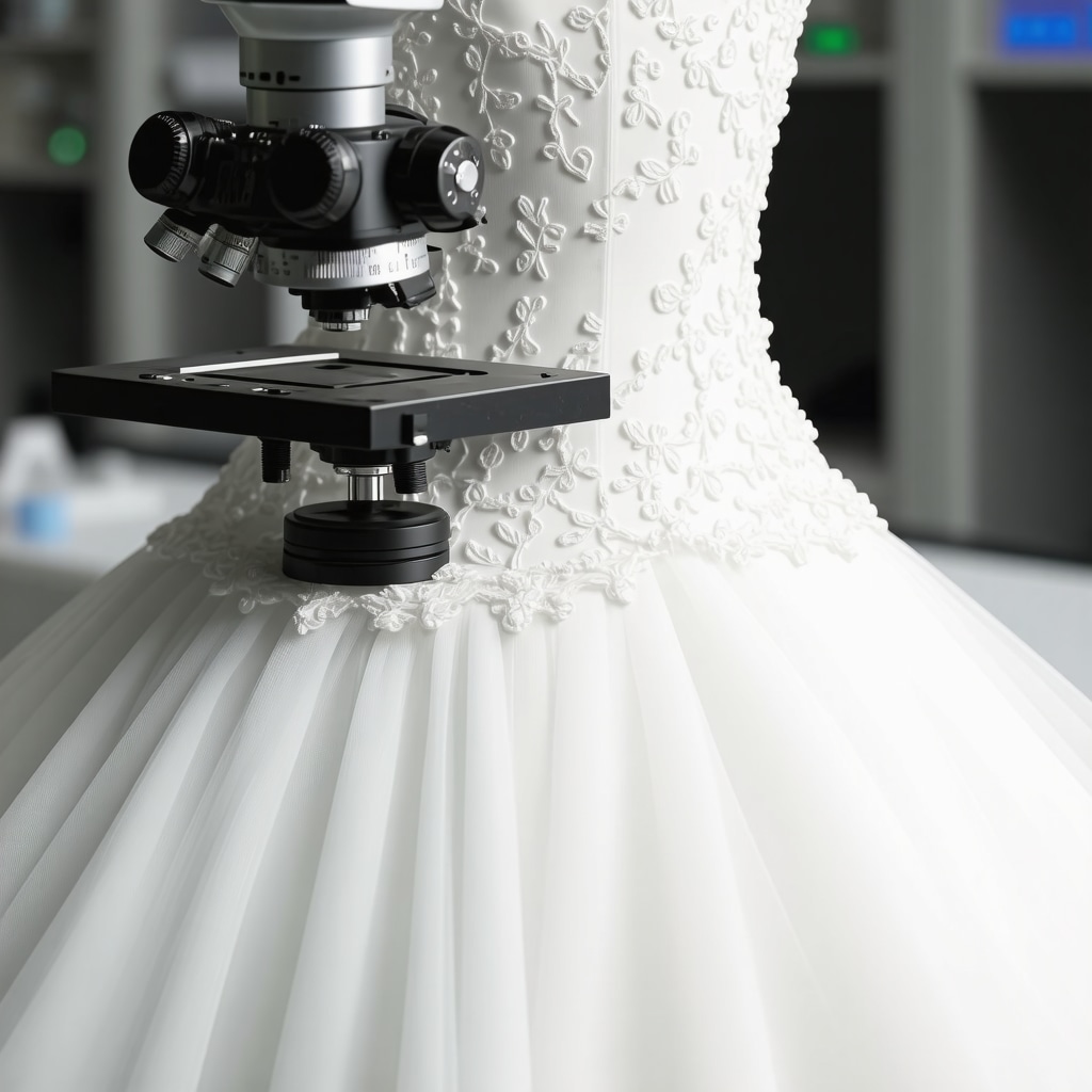 Microscopic close-up of wedding dress fabric fibers being treated with advanced preservation methods in a laboratory setting