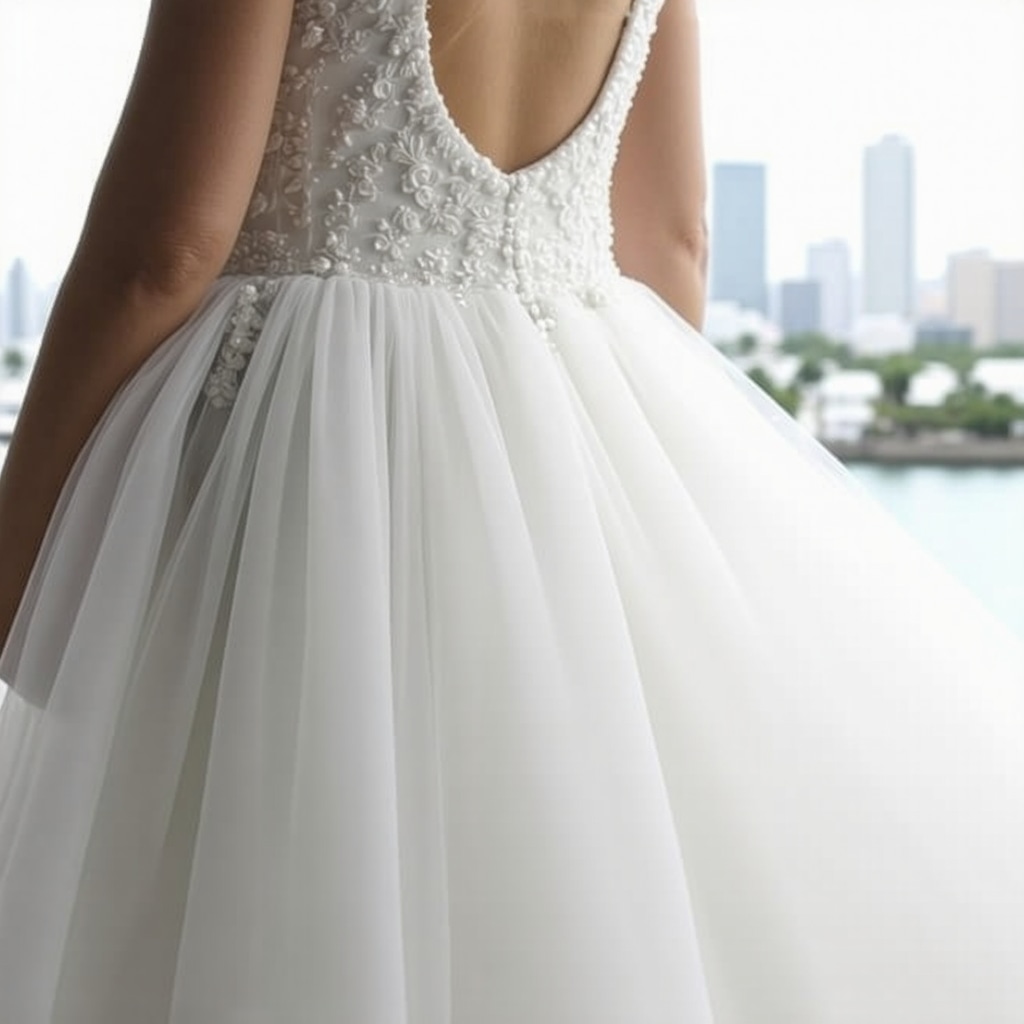 Close-up of wedding dress fabric undergoing advanced nanotechnology enzyme treatment in Tampa humidity-controlled environment