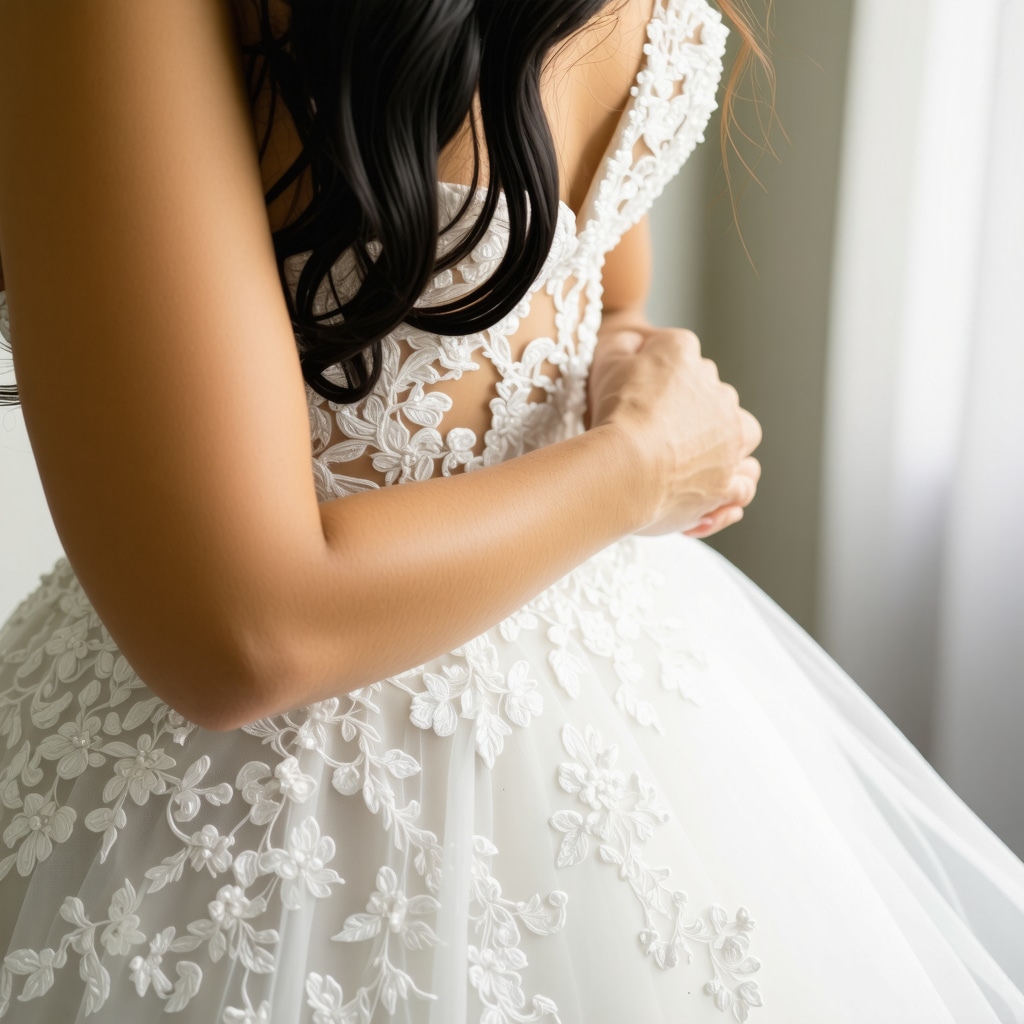 Close-up of expert gently cleaning a lace wedding gown with eco-friendly products in Tampa FL