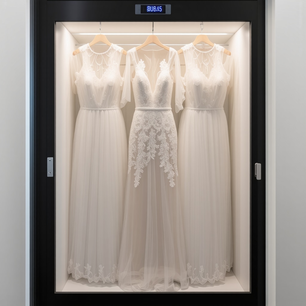 Climate-controlled archival storage box with sensors for eco-friendly wedding dress preservation in Tampa