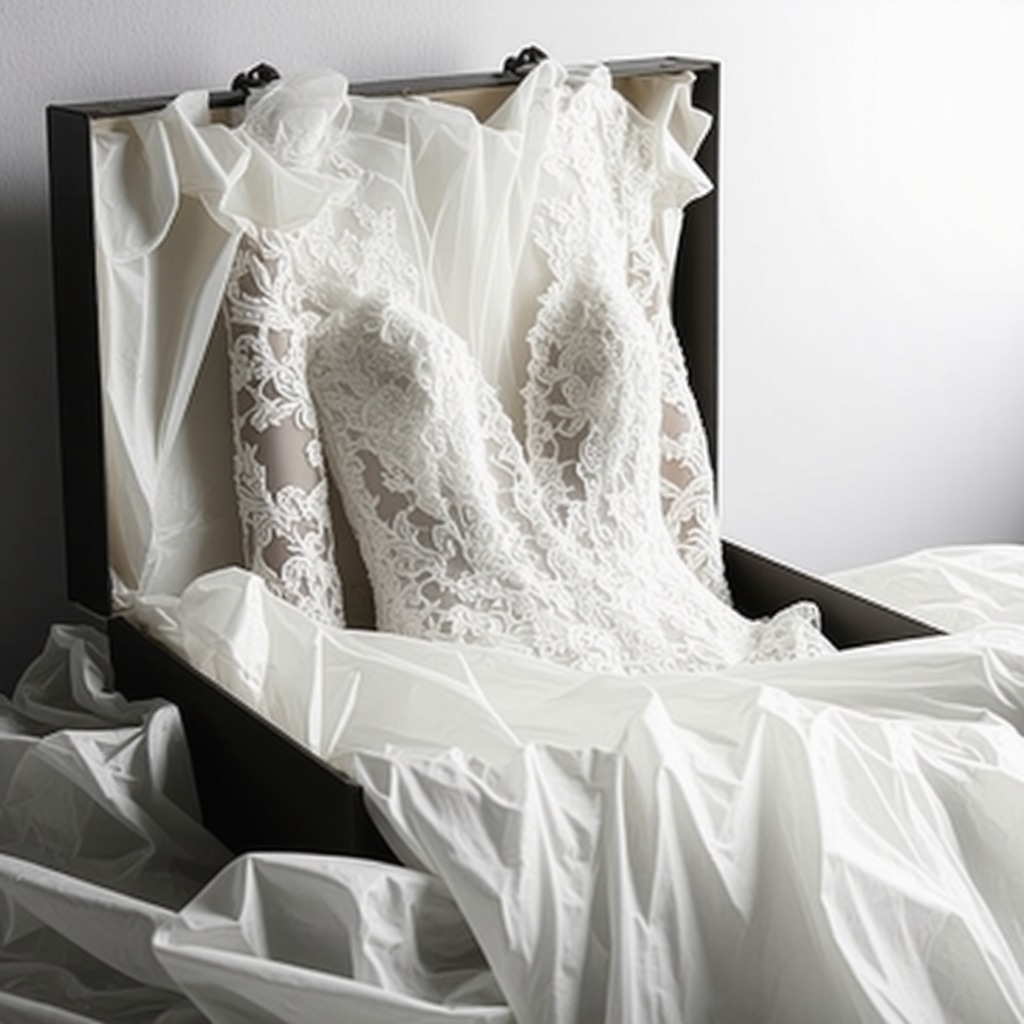 Open wedding dress preservation box with lace gown and acid-free tissue paper, demonstrating moisture control features suitable for Tampa climate