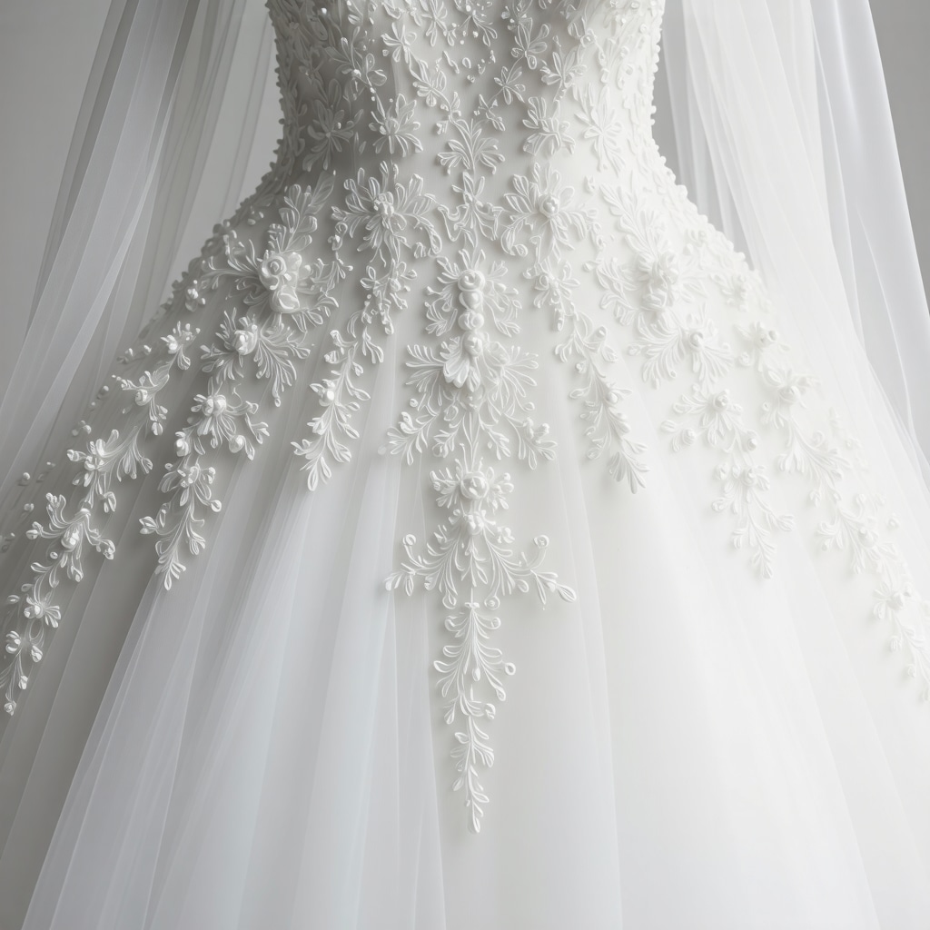 Close-up of luxury wedding dress fabric undergoing 3D scanning showing lace and beadwork details.