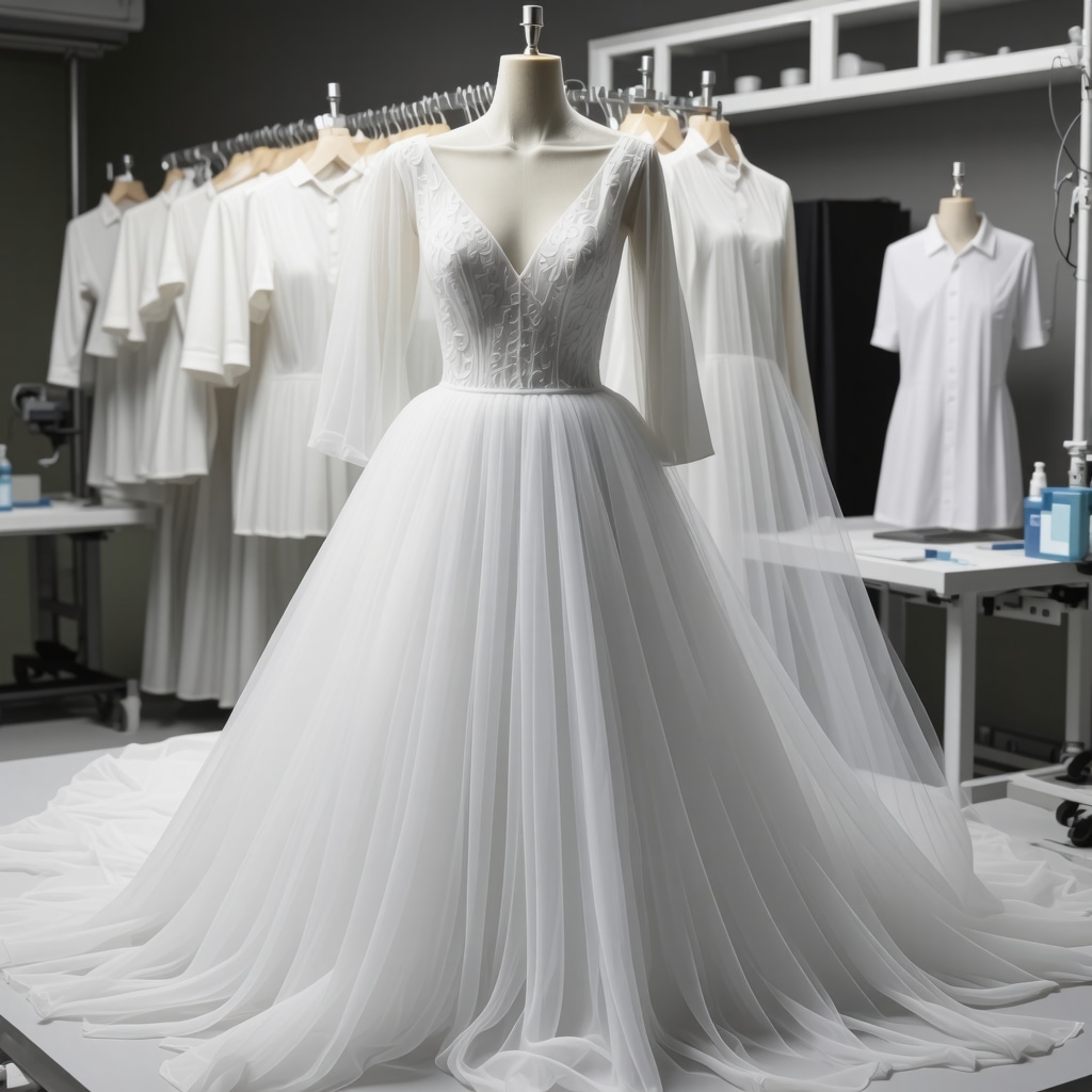 Spectroscopy device analyzing stains on delicate wedding dress fabric in a lab setting