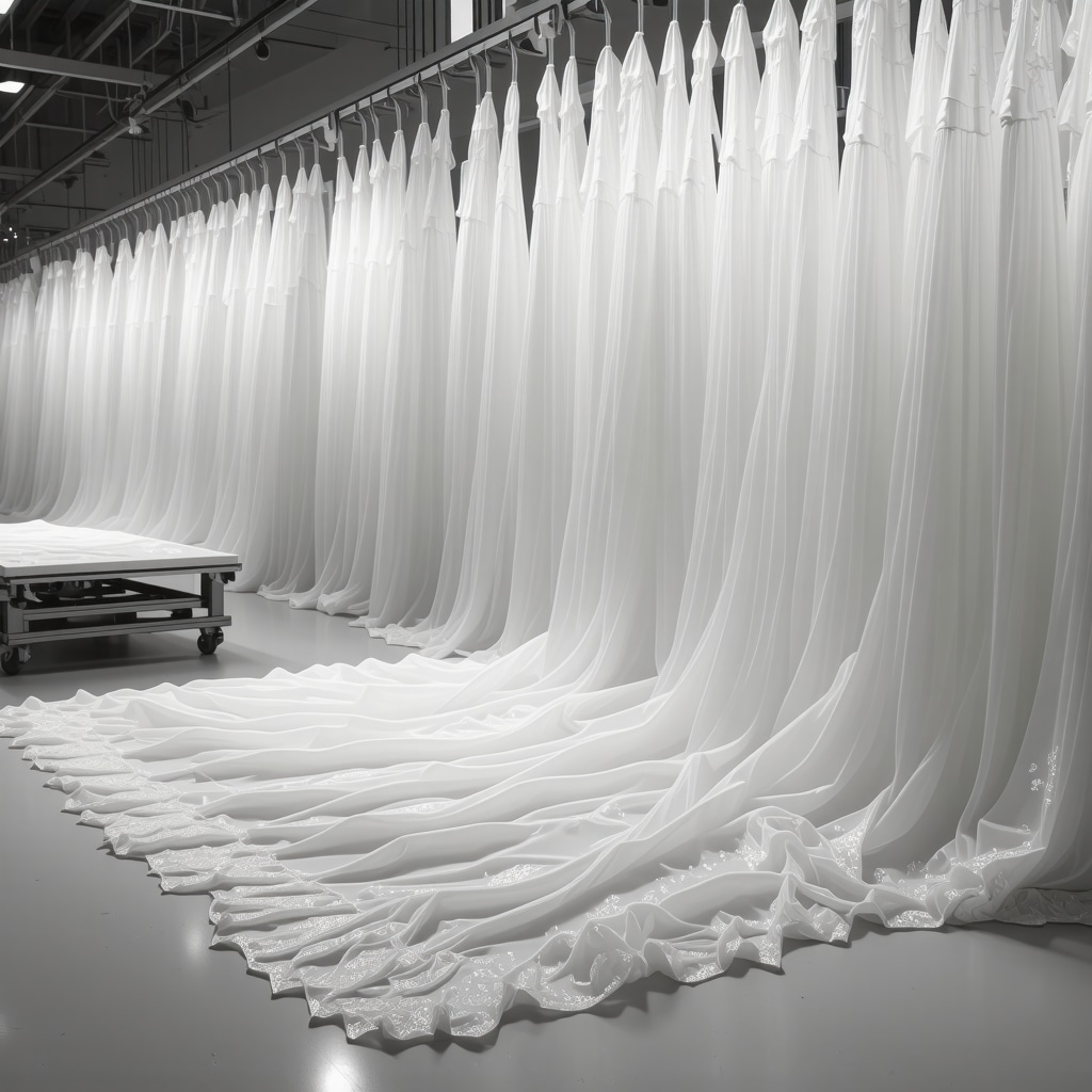 Laboratory setup with AI technology analyzing delicate wedding dress fabric fibers