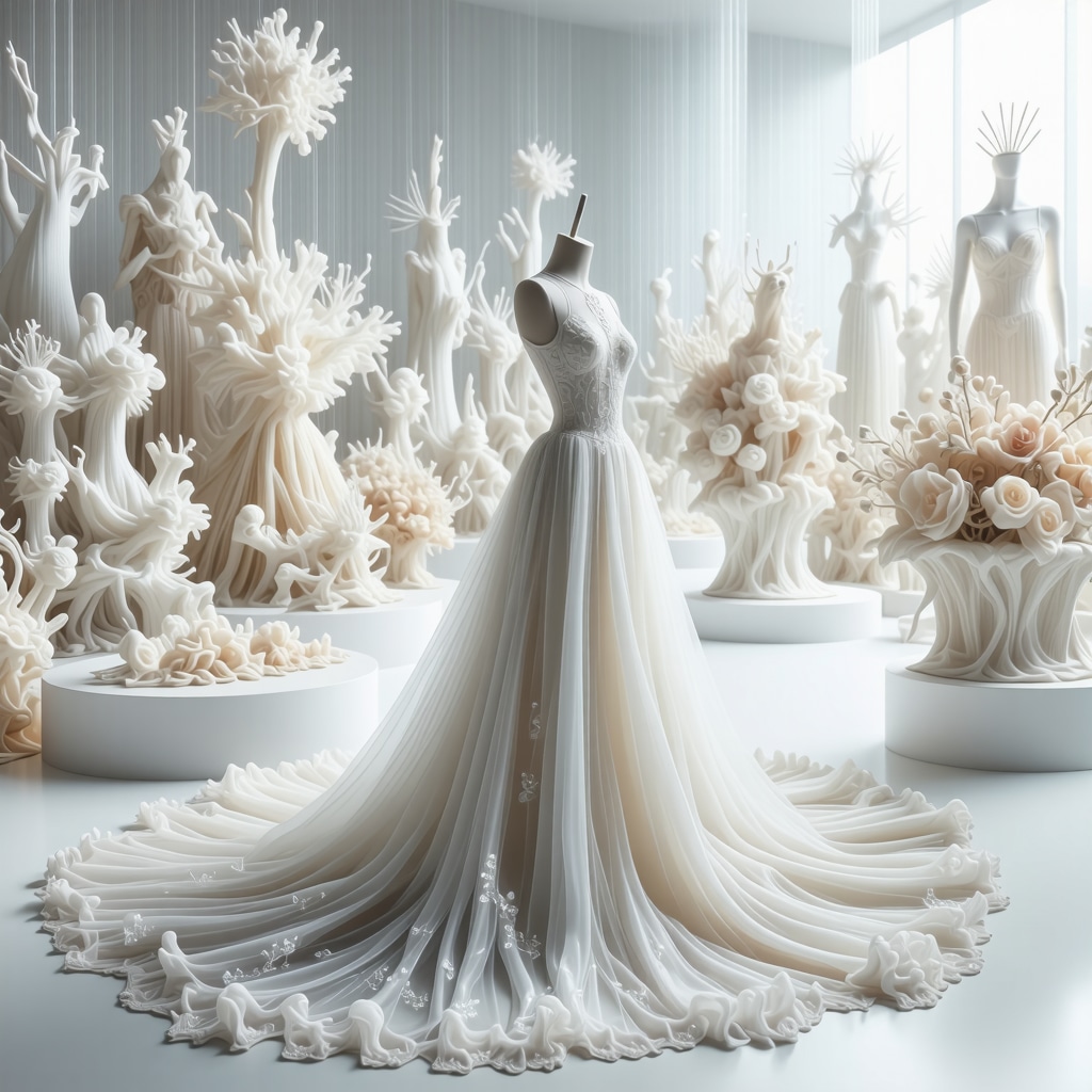 Laboratory scene depicting AI and nanotechnology used for eco-friendly wedding dress cleaning