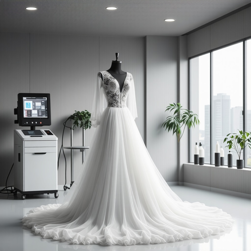 Bridal gown on a high-tech cleaning table with nanotechnology and AI equipment in a sustainable lab