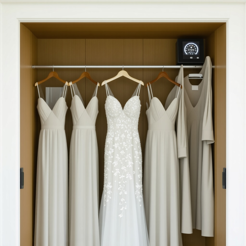High-tech climate-controlled wedding gown storage unit with digital hygrometer and eco-friendly wrapping materials in Florida