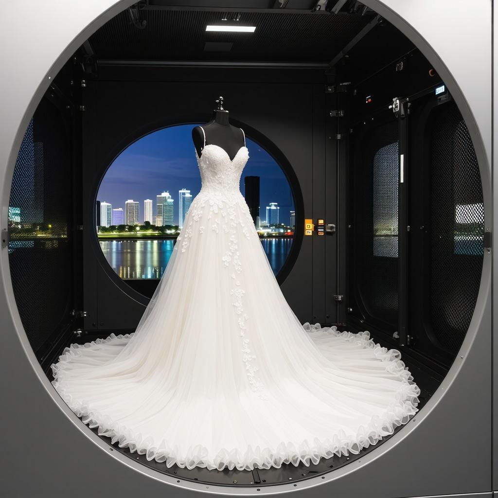 Wedding gown inside a climate-controlled drying chamber with humidity and airflow sensors, highlighting Tampa's subtropical environment