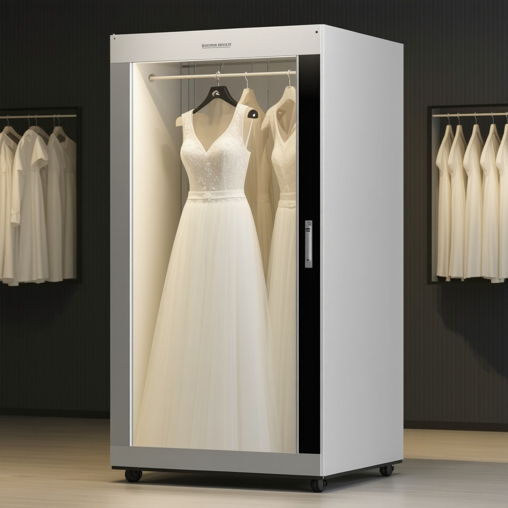 Climate-controlled archival storage box with humidity and UV sensors for wedding dress preservation