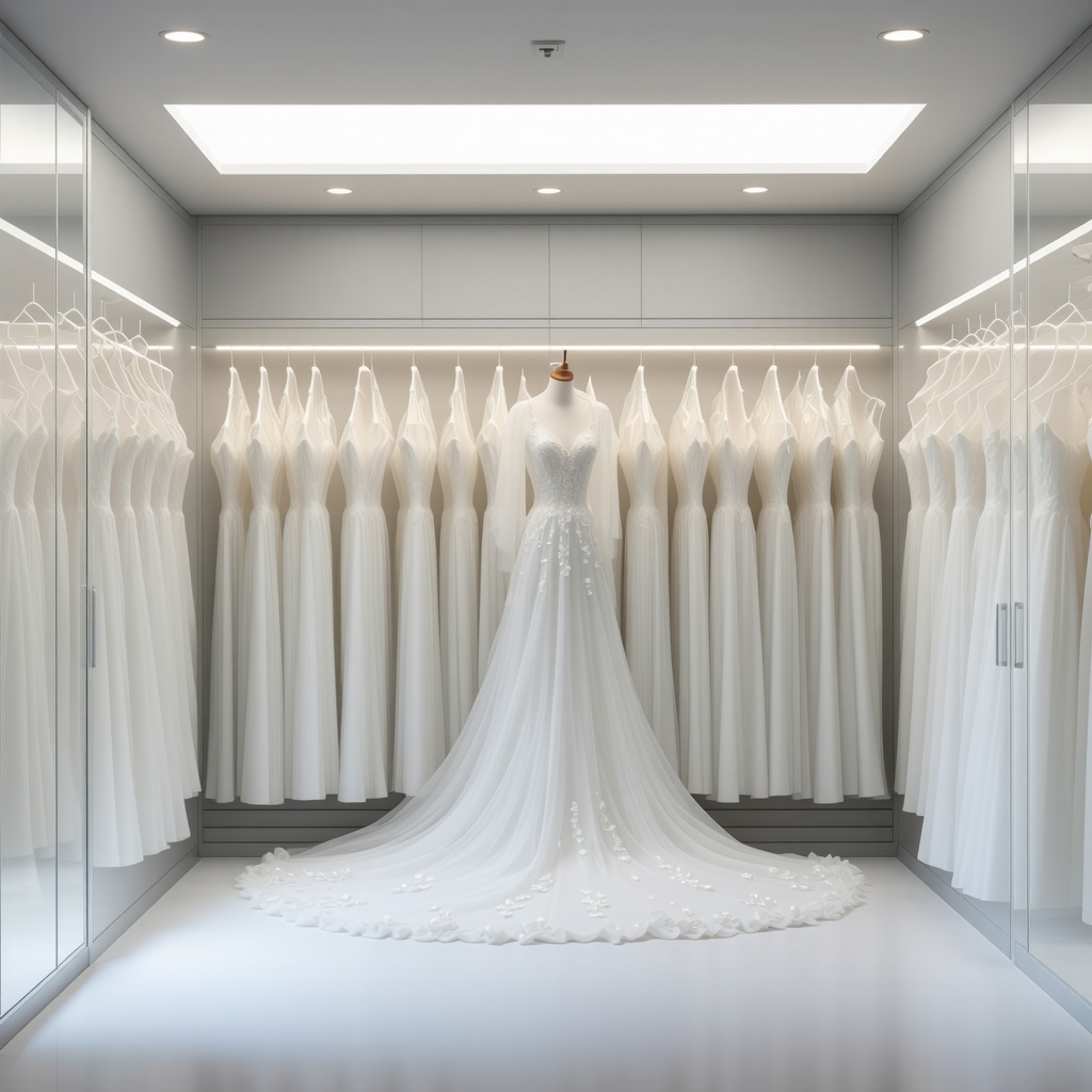 Climate-controlled storage unit with UV-filtered lighting and digital sensors for wedding dress preservation