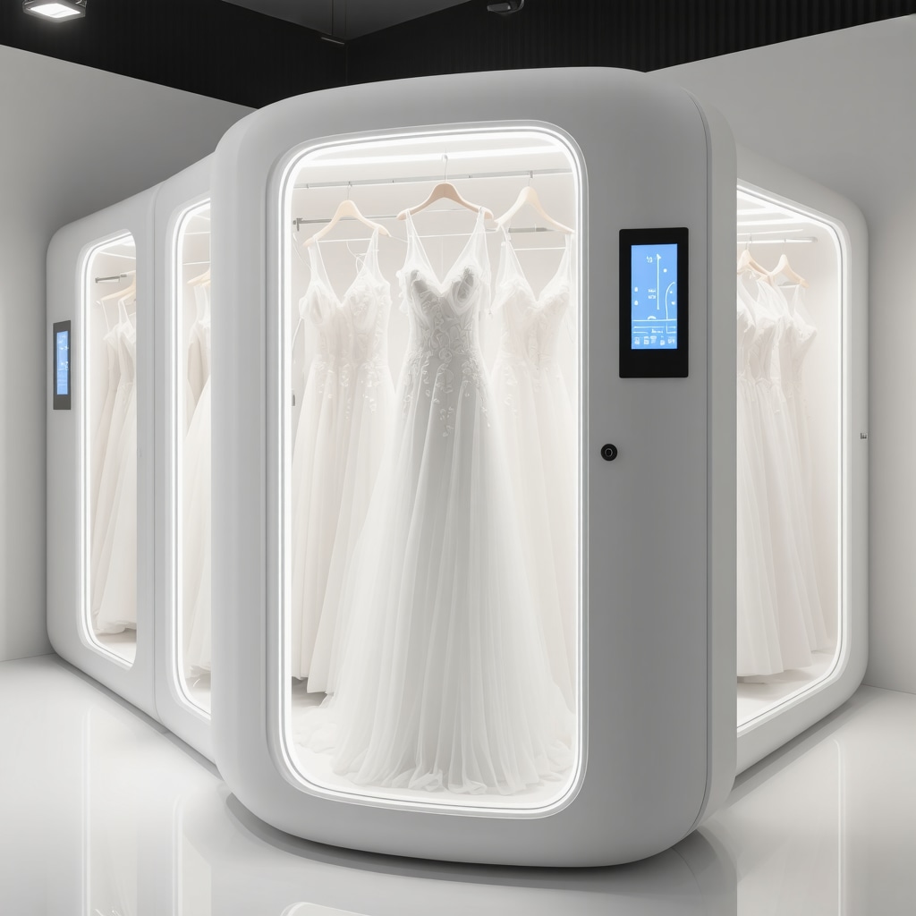 High-tech climate-controlled storage pod for delicate wedding dresses with digital sensor displays