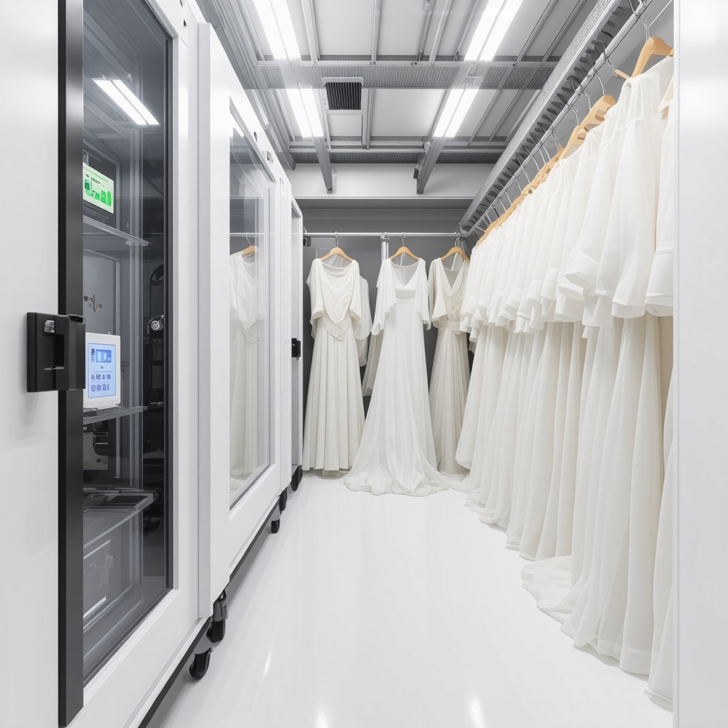 Climate-controlled storage unit with digital hygrometers, oxygen absorbers, and acid-free boxes for wedding dress preservation
