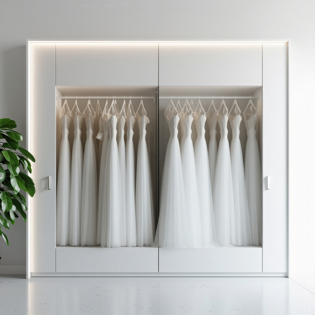Smart wedding dress storage unit featuring digital controls and nanotech fabric protection in Tampa home