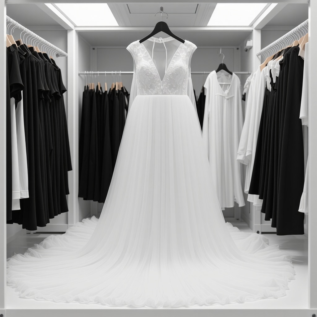 Laboratory setting with enzyme bioreactors and AI systems cleaning delicate bridal gowns sustainably
