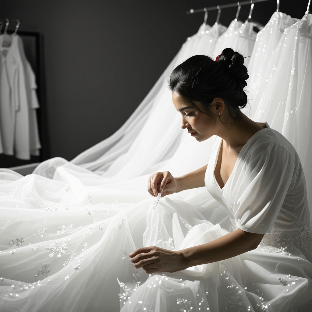 Bridal gown cleaner using digital fabric diagnostic tools on a wedding dress in Tampa