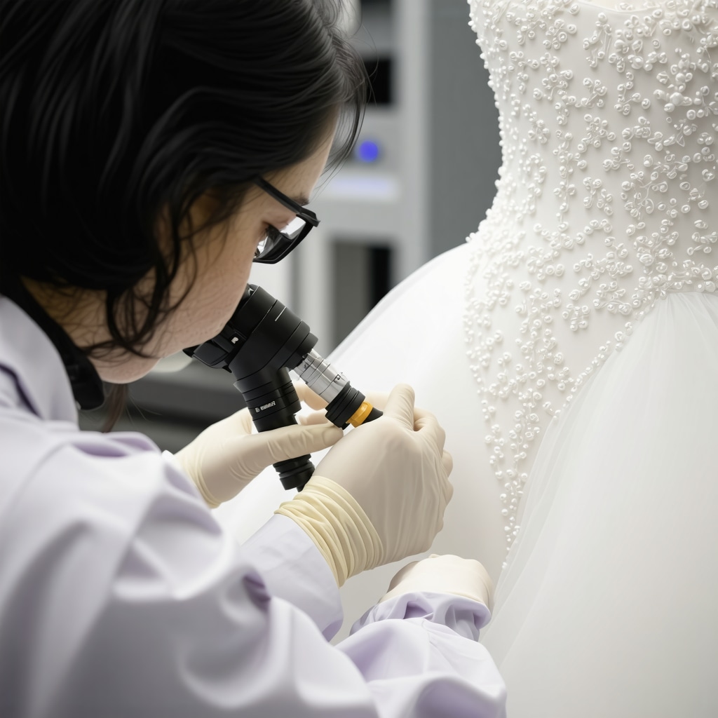 Conservator analyzing wedding dress fabric fibers using scientific instruments