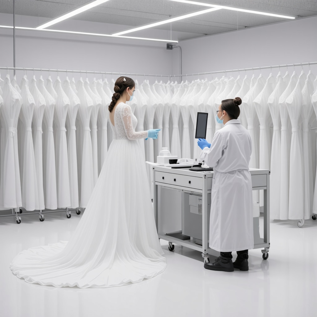 Scientists analyzing wedding dress fabrics with machine learning and nanotechnology in a laboratory