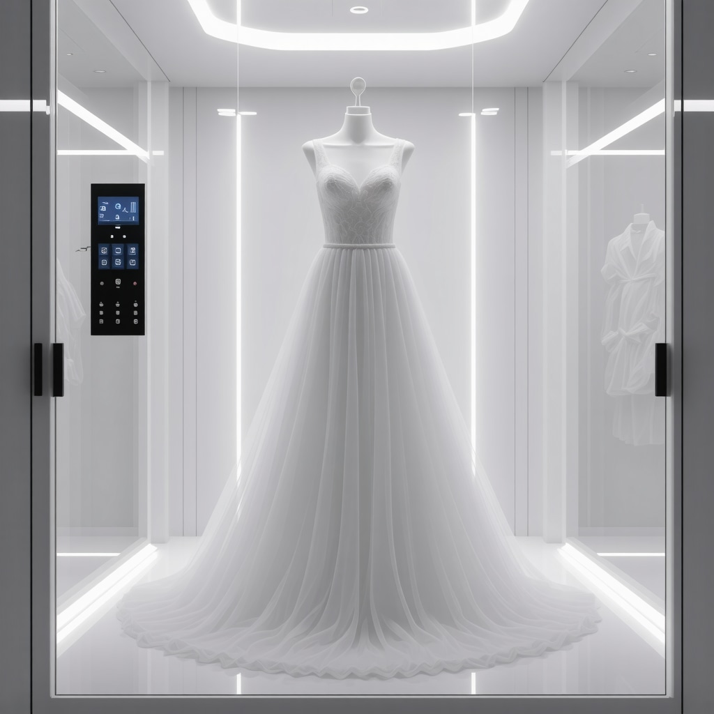 Wedding dress in a high-tech climate-controlled preservation chamber with sensors and digital controls