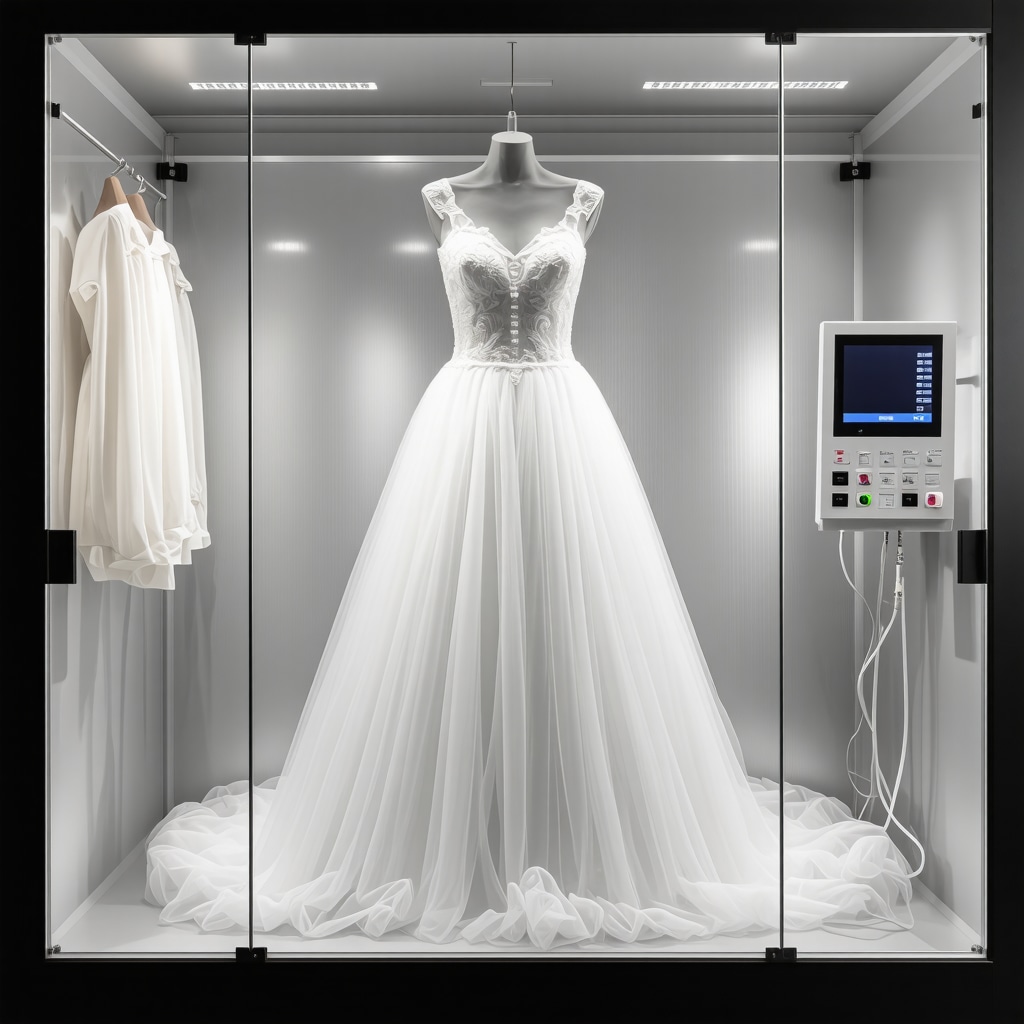 Wedding dress inside a microclimate-controlled storage unit with monitoring devices